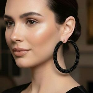 Large Hoop Earrings with Black Seed Beads, large handmade earrings. 6 cm